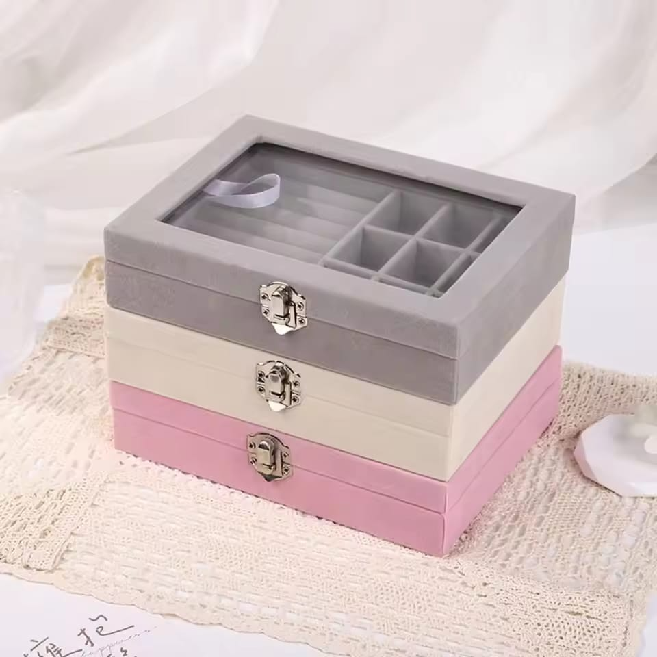 Transparent Velvet Jewelry Organizer Display Box Random Colours
