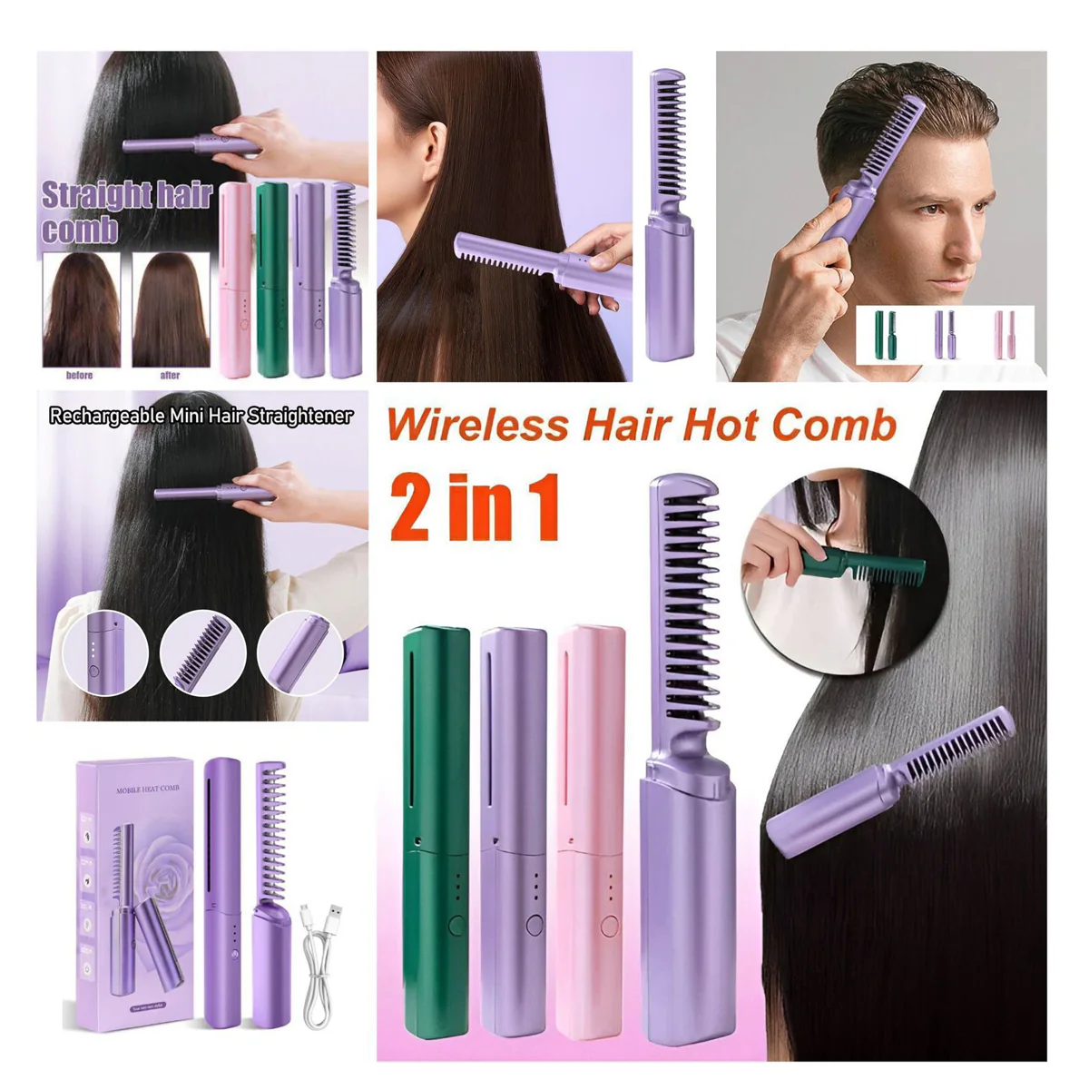 Mini Wireless Professional Hair Straightener Curler Comb USB Charging Fast Heating Negative Ion Curling Brush Styling Tools
