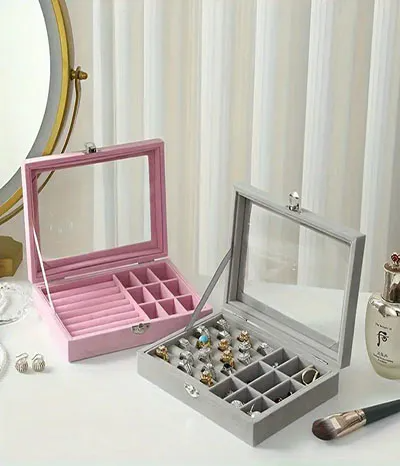 Transparent Velvet Jewelry Organizer Display Box  Random Colours